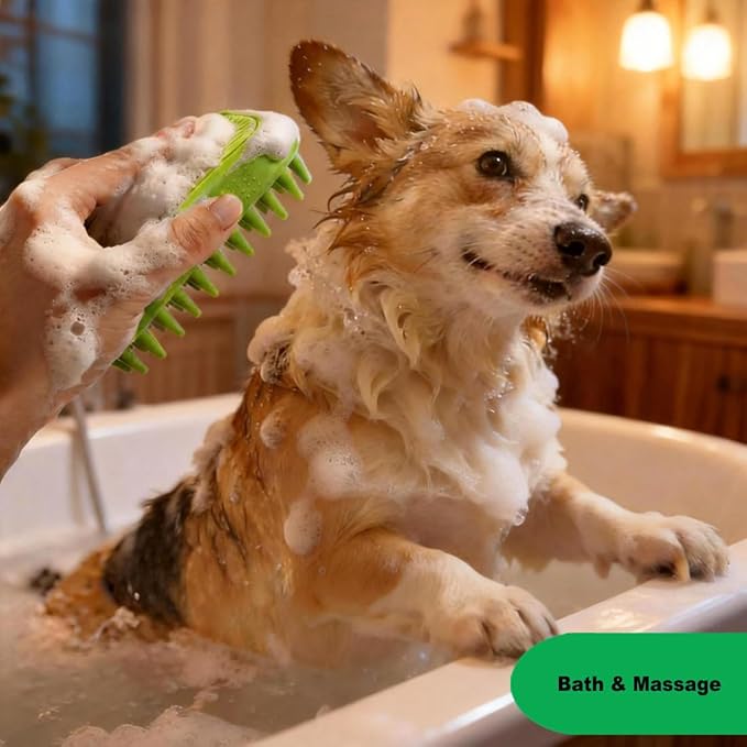 Rubber Curry Brush for Dog, Soft Curry Comb with Long Pins, Pet Silicone Brush for Short & Long Hair, Use Wet as Bath Scrubber or Dry for Grooming