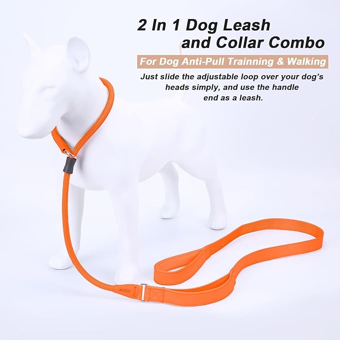 Slip Lead Dog Leash, Double Handle, Soft Leather & Nylon, 6ft Orange