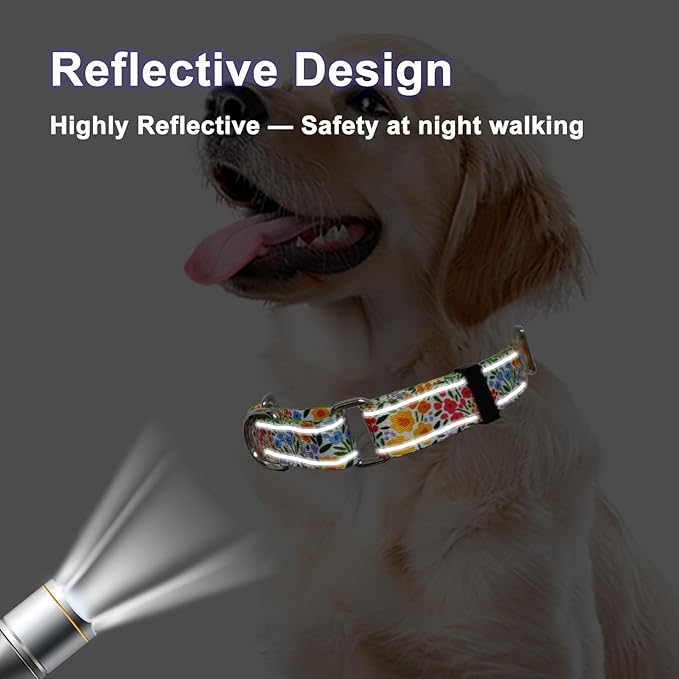 Reflective Martingale Collar for Dogs Nylon Training Collar with No Buckle Cute Floral No Pull Dog Collar for Medium Dogs（Yellow Flower，M）