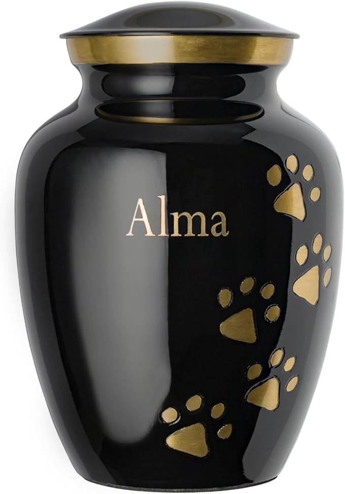 Ottillie Paws Premier Series Pet Urn for Dogs with Personalized Laser Engraving (X-Large - Pets up to 170 lbs, Ebony with Vertical Brass Paws)