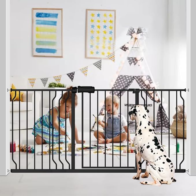 Fairy Baby Walk Through Baby Gate 43.5-48 Inch Wide for Stairs, Pressure Mounted Safety Gate with Door No Drill, Black Tension Metal Gate for Dog and Toddler