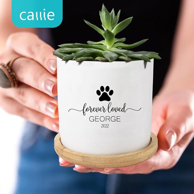callie Custom Dog Memorial Gifts Plant Pot, Personalized Sympathy Gifts for Dog Cat Loss, Pet Passing Away Planter Pot with Bamboo Tray