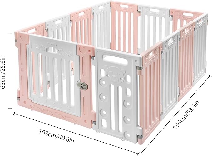 Dog Playpen with Door, 12 Panels Pet Safety Fence Foldable Puppy Pen Indoor Dog Fence, Plastics Enclosure Dog Pen Indoor for Small Dogs and Cats, Easy Assemble (Pink)