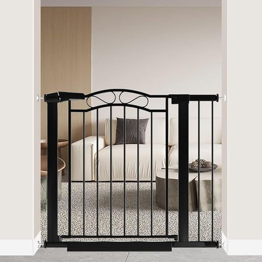 Black Baby Gate with Door-Walk Through Baby Gates for Stairs Pressure Mounted no Drill-Indoor Tension Metal Child Pet Dog Safety Gate 35.04"-37.80" Wide