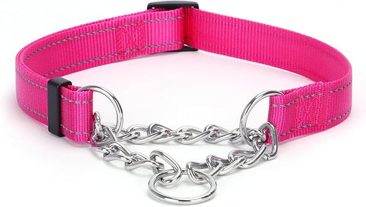 Martingale Dog Collar with Stainless Steel Chain and Leash Set, Martingale Collar with Reflective, 5FT Double Handle Dog Leash Padded, Adjustable for Medium Large Dogs (Hot Pink Collar, S)