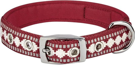 Blueberry Pet Reflective Jacquard Dog Collar with Neoprene Padding & Metal Buckle | Soft & Adjustable Safety Collar - Marsala Red, Neck 9-12.5", for Small Breed