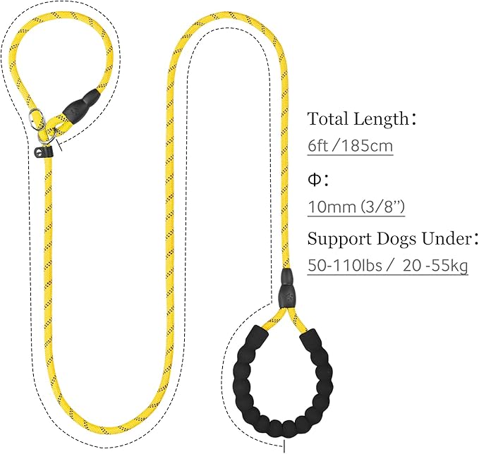 TagME Slip Leads for Dogs that Pull, 6 FT No-Pull Training Leash with Lock, Escape-Proof Design, Reflective & Padded Handle for Medium Dogs, Yellow