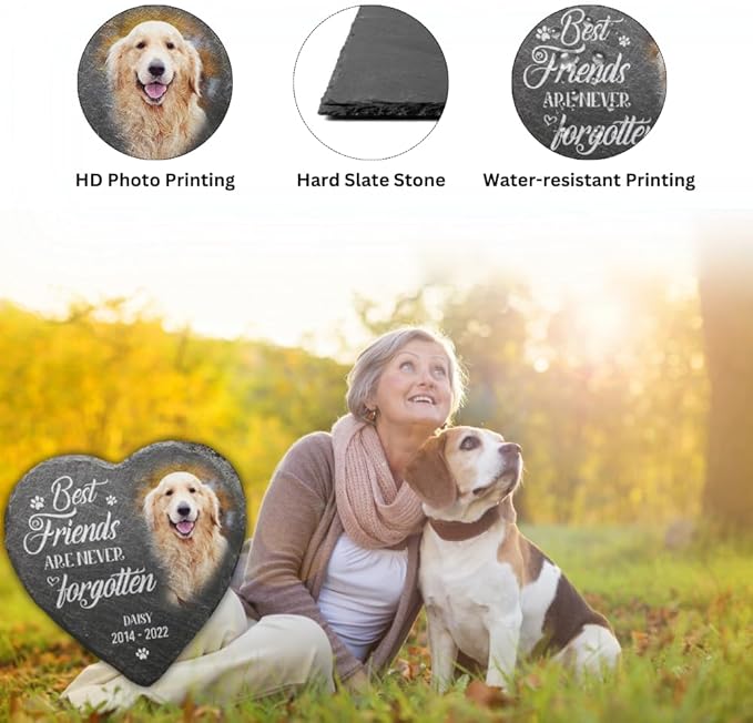 Wrappiness Pet Memorial Stone - Forever in My Heart, Personalized Dog Memorial Gifts, Remembrance Condolences Bereavement Gifts for Loss of Pet Custom Photo (Heart 01, Stone with Stand)
