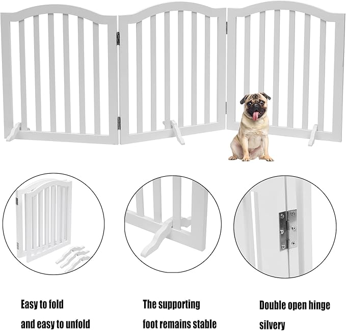 Foldable Wooden Dog Gate - 3-Panel Freestanding Pet Fence, 23.6 Inches, White - Suitable for Doorways & Stairs, Also Works as Baby Gate.