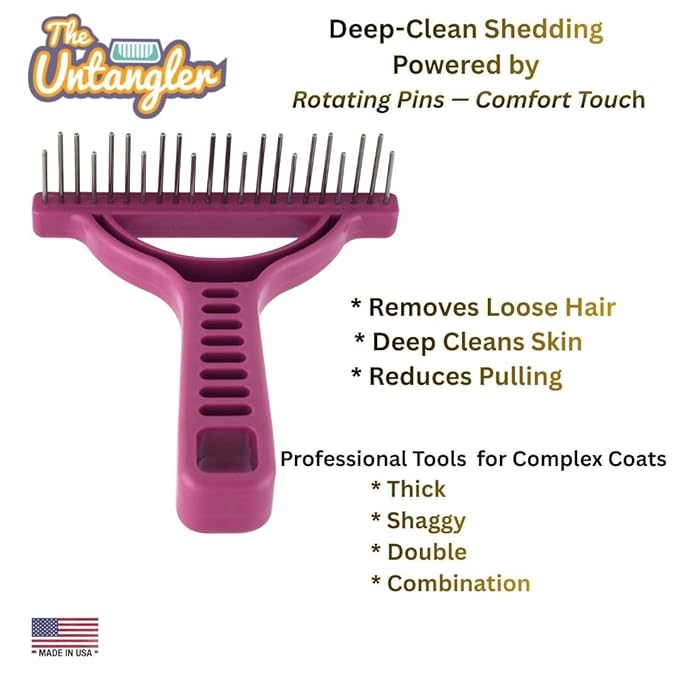 The Untangler Rakes for Grooming and Shedding - silky smooth rotating teeth to easily collect loose hair (Purple, Shedding)
