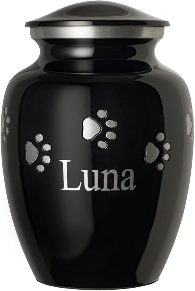 Ottillie Paws Premier Series Pet Urn for Dogs with Personalized Laser Engraving (X-Large - Pets up to 170 lbs, Ebony with Horizontal Pewter Paws)