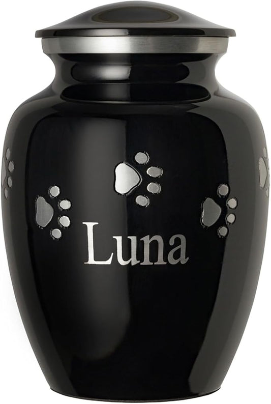 Ottillie Paws Premier Series Pet Urn for Dogs with Personalized Laser Engraving (Medium - Pets up to 65 lbs, Ebony with Horizontal Pewter Paws)