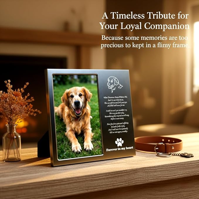 Aluminum Dog Memorial Picture Frame with Gift Box, Rainbow Bridge Dog Remembrance Gifts, Loss of Dog Sympathy Gift, Forever in My Heart Metal Keepsake (Fits 4x6 Photo) 1S
