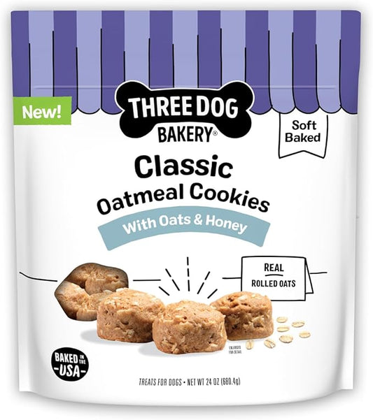 Three Dog Bakery Classic Oatmeal Cookies for Dogs, Baked Puppy Treats with Real Oats, 24 oz