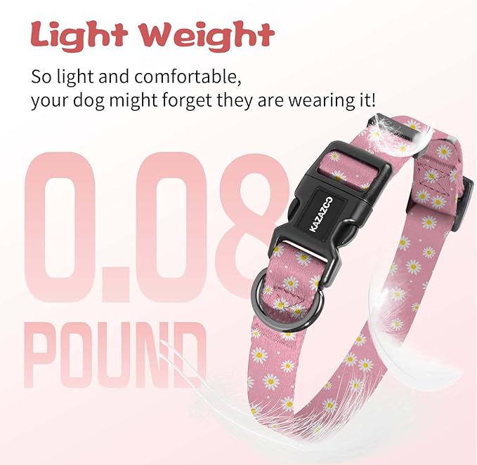 Kazazoo Dog Collar Cute and Soft Nylon Puppy Collar Girl, Adjustable Dog Collars for Medium Large Dogs, Pink Daisy-L