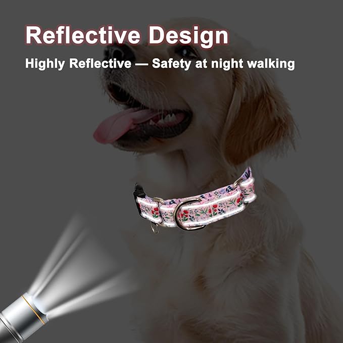 Reflective Martingale Collar with Quick Release Buckle Anti Pulling Girl Female Dog Collars (Pink Flowers Plants, XSmall)