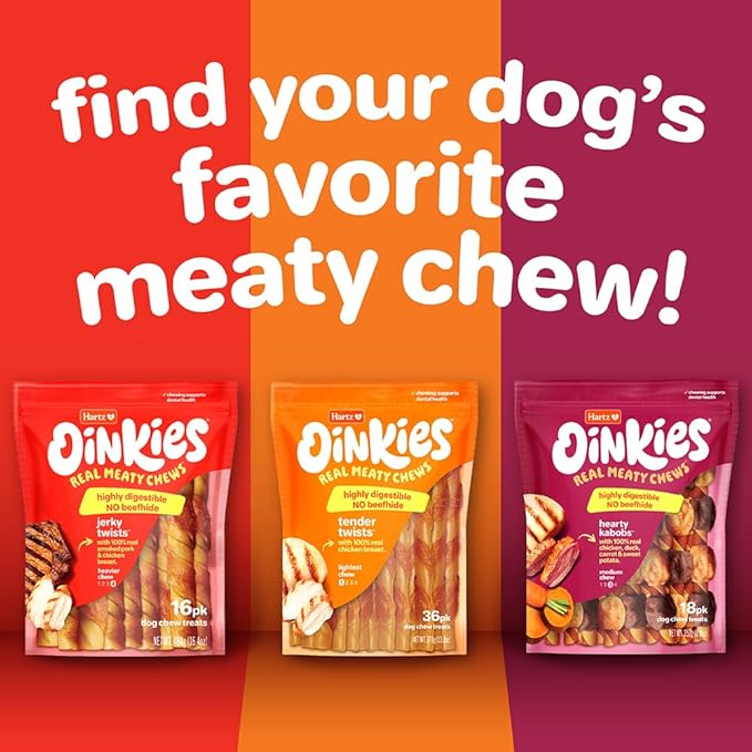 Hartz Oinkies Tender Ribs with Real Chicken, Duck & Veggies, Peanut Butter Flavored Rawhide-Free Dog Treats, Highly Digestible Dog Chews, 22 Count