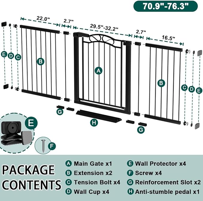 Fairy Baby 70.9"-76.3" Extra Wide Baby Gate for Stairs Doorways, Pressure Mount Pet Gate Auto Close Safety Child Gate, Long Large Dog Gate Indoor for House, 71 72 73 74 75 76 Inches Wide, Black