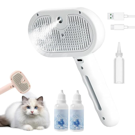 3 in 1 Pet Grooming Brush with Fine Mist Spray, Deshedding Tool for Dogs & Cats, Hair Removal Grooming Tool for Long Short Hair Pets (White)