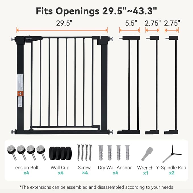 COMOMY 29.5-43.3" Safety Baby Gate Extra Wide, Auto Close Dog Gate for House Doorways Stairs, Pressure Mounted Easy Walk Through Pet Gate Child Gate, Includes 2.75" and 8.25" Extension, Black
