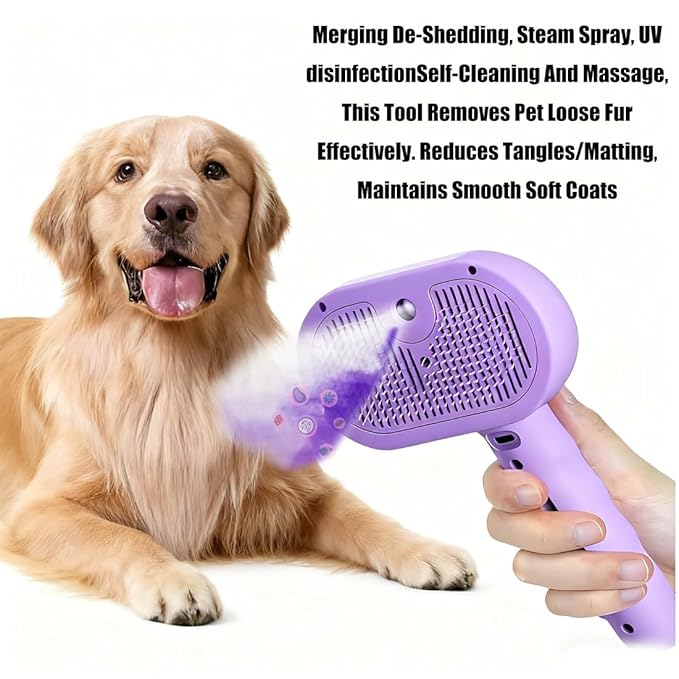 2025 Dog Steam Brush, 4-in-1 Universe Dog Brush with Spray and UV Disinfection, Effortlessly Removes Loose Fur, Dirt while Massage Pet (Purple)