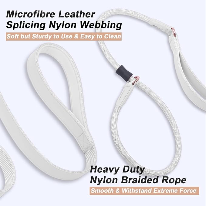 Slip Lead Dog Leash with Double Handle, Soft Leather Nylon Slip Collar, Heavy Duty Dog Rope Lead, No Pull Walking Leash for Medium Large Small Dogs, 6ft White