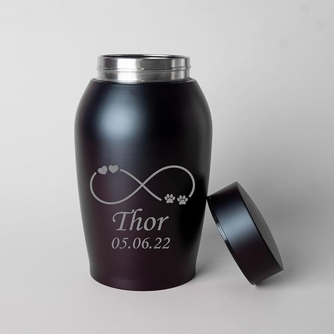 Personalized Cremation Keepsake Pet Ashes Urn Waterproof with Airtight Closure Customized Text Engraving Vase Container Memorial Dog Cat Funeral Decorative (Infinity Symbol w/Paws & Hearts)