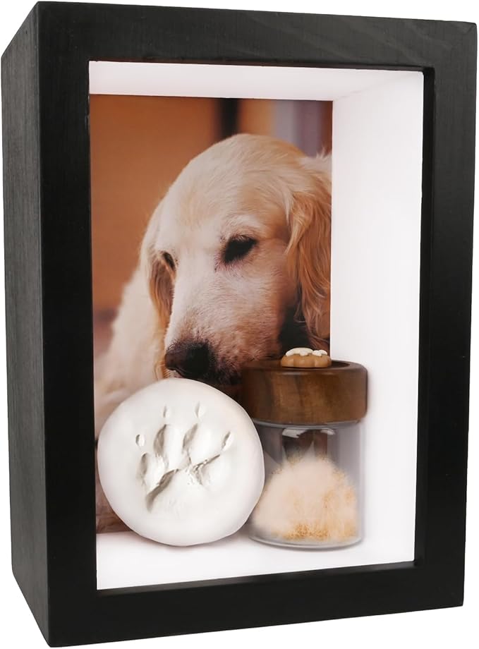 Dog Memorial Shadow Box Frame 5x7 with Paw Print Kit and Fur Keepsake Box Small Pet Memorial Frame Box for Dogs and Cats that Passed Pet Death Sympathy and Remembrance Gift for Pet Owners