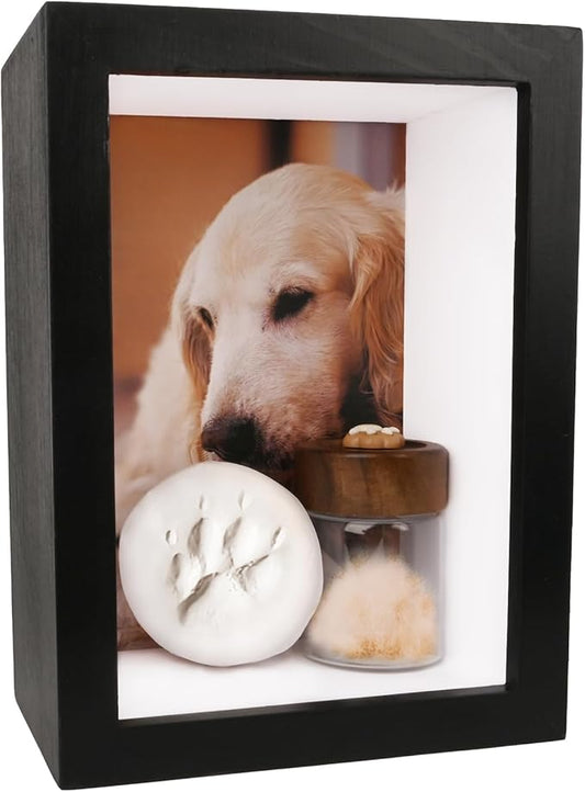 Dog Memorial Shadow Box Frame 5x7 with Paw Print Kit and Fur Keepsake Box Small Pet Memorial Frame Box for Dogs and Cats that Passed Pet Death Sympathy and Remembrance Gift for Pet Owners
