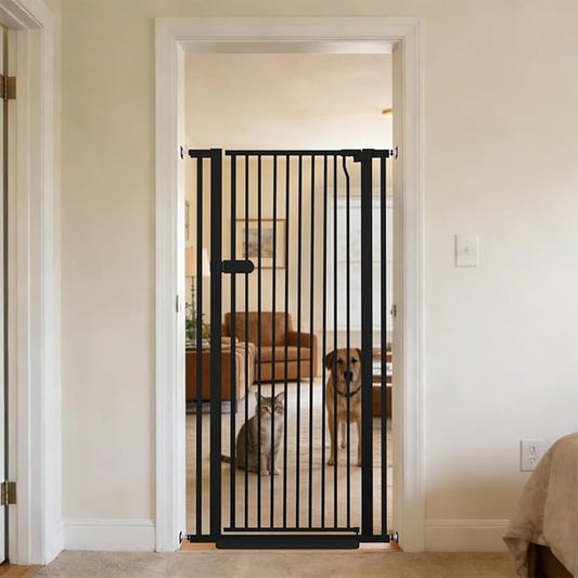 Lumizone Extra Tall Cat Gate 55.12" High Pressure Mounted Extra Wide 2025 New (17 Sizes) 1.37" Gap No Drilling Auto-Close One-Handed Operation Tall Pet Gate for Dogs(Black, 55.12" H x 29.92"-34.24" W)