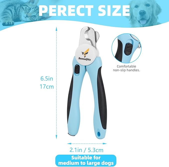 Large Dog Nail Clippers with Sharp Stainless Steel Blade for Smooth Cutting, Ergonomic TPE Handle Special Baffle to Avoid Flying Nail Fragments, Hidden Nail File (Large/Medium), Blue