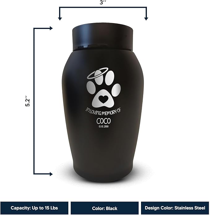 Personalized Custom Small Keepsake Urn Engraved with Pet Name, Date, and Dog Design - 5.2" Black Powder Coated Steel Cremation Urn for Dogs Ashes | 12-16 lb Capacity, Paw Heart and Halo