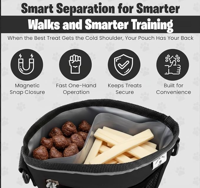 Dog Training Treat Pouch, Clip-On, Crossbody, Magnetic, 2 Compartment Divided Interior, 1 1/2 Cup Total 3/4 Each Side, Dog Treat Training & Walking Bag, Poop Bag & Waste Clip, Hand Free- Black 5x5