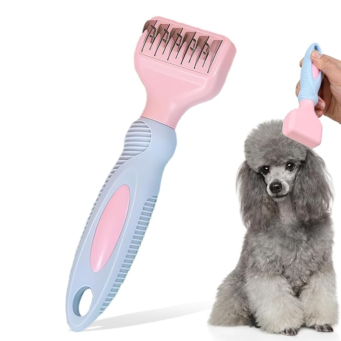 Pink Professional Pet Dematting Comb with Handle Metal Dog Comb Dematting Fur Rake Brush Pet Grooming Tool for Dogs and Cats Remove Loose Hair Mats Knots Tangles