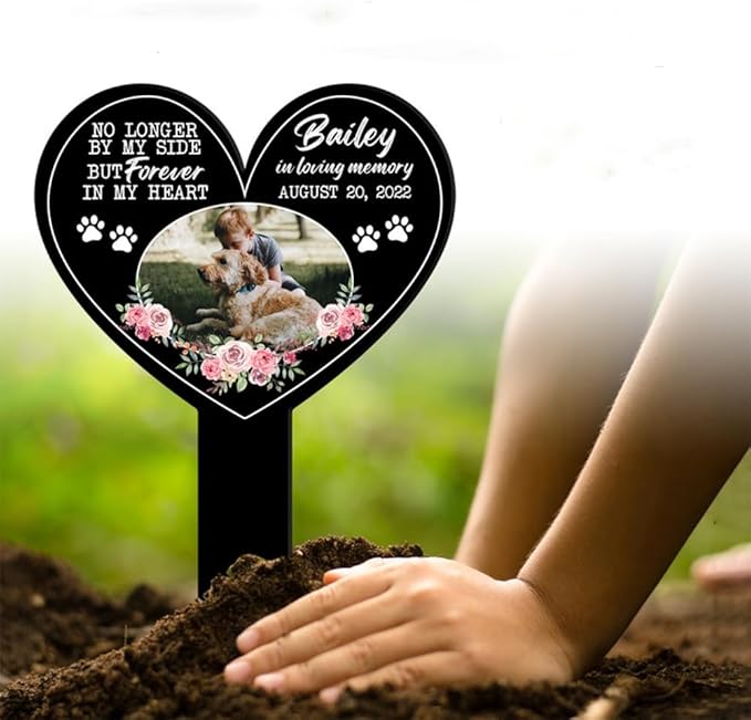 Personalized Dog Memorial Stake Custom Dog Cat Photo No Longer By My Side Floral Metal 12x12 inch Pet Grave Marker Dog Loss Gift Sympathy Gift for Dog Lover (Style 19)