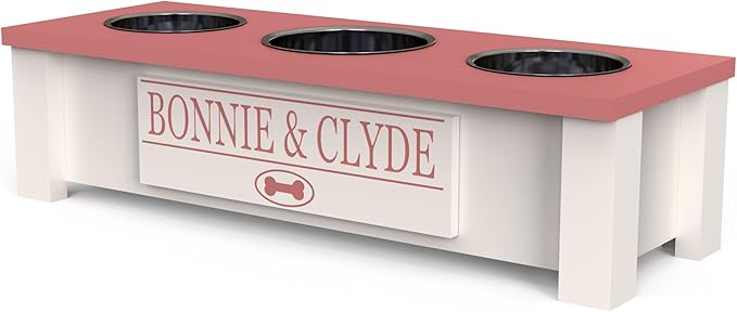 GTW Elevated 3 Bowl Dog Feeding Station - Customized Triple Stand for Small Dog Breeds - Includes Storage & Stainless Steel Bowls (Small, Pink)