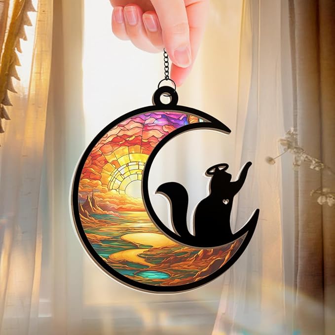 Cat Memorial Christmas Ornament, Memorial Window Hanging Suncatcher Ornaments, Black Cat Memorial Gifts for Loss of Cats, Pet Loss Sympathy Gift for Pet Lovers Women, Memorial Ornaments