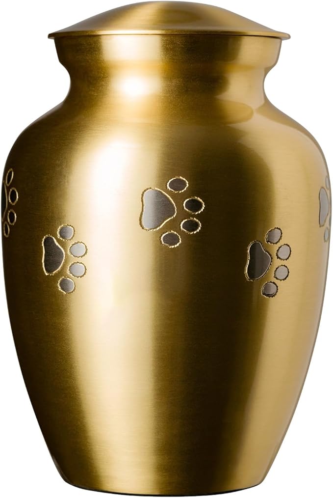 Ottillie Paws Legacy Series Pet Urn for Dogs, Handmade Brass Memorial Cremation Urn (Large - Pets up to 115 lbs, Brass, Horizontal Pewter Paws)