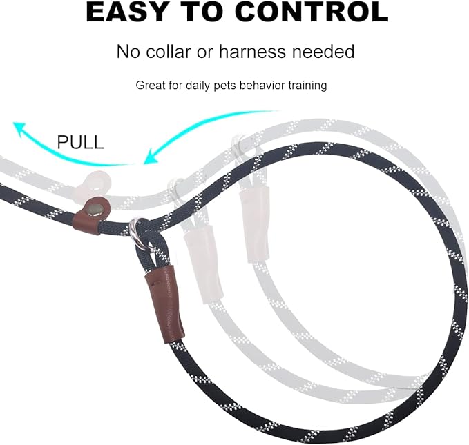 7FT Slip Lead Dog Leash for Small Dogs, No Pull Puppy Training Lead, Lightweight Sturdy Pet Slip Rope Leash, Black