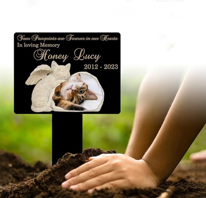 Personalized Cat Memorial Stake Custom Cat Photo Your Pawprints Are Forever In Our Hearts Metal 12x12 inch Dog Grave Marker Cat Loss Gift Sympathy Gift for Cat Lover (Style 17)
