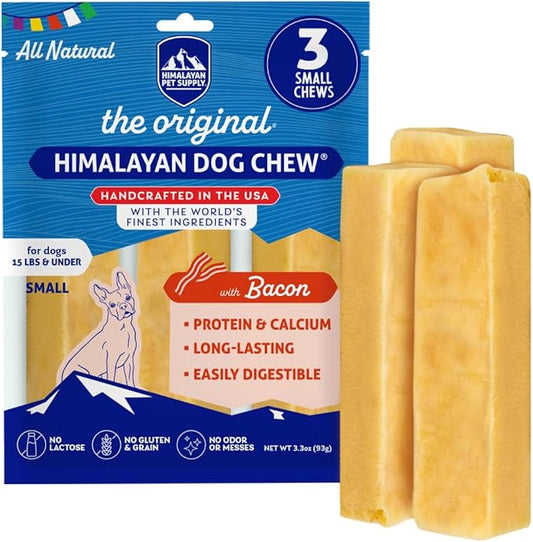 Himalayan Chew Original Yak Cheese Chew, Bacon, 3 Small Sticks, 1.1 oz, Gluten Free, Healthy Treats, Grain & Lactose Free 100% Natural, Long Lasting Chews for s Under 15 lbs