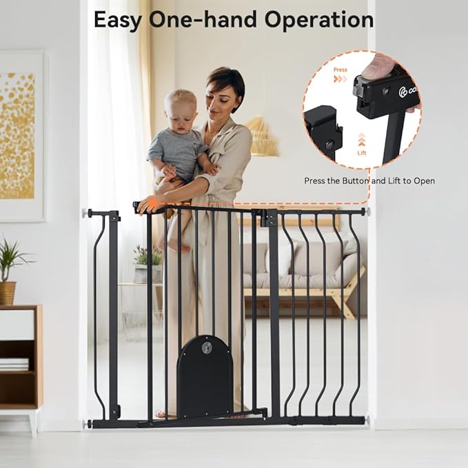 COMOMY 29.5-43.7" Baby Gate with Adjustable Cat Door,Extra Wide Metal Cat Gate for Stairs Doorways, Auto Close Dog Gate with Pet Door for House, Pressure Mounted Easy Walk Through (30" Tall, Black)