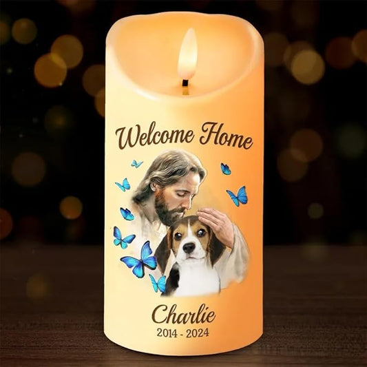 Custom Pets Photo Memorial God Welcome Home My Pet Led Candle Gift for Dog Cat Memorial Sympathy Gifts for Pet Owners Dog Mom Dad On Birthday Christmas Led Candle Home Decor Gifts