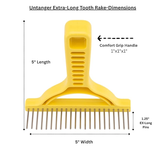 The Untangler Rakes for Grooming and Shedding -silky smooth rotating teeth to easily collect loose hair (Yellow, Extra-Long)