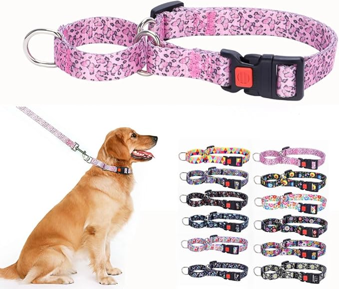 Dog Choker Collar for Small Dogs, No Slip Pull Escape Proof Limited Choke Pinch Pet Martingale Collars Quick Release Buckle with Lock for Small Medium Large Breed Dogs, Pink Butterfly S