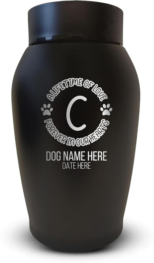 Custom Small Keepsake Urn Engraved with Pet Name, Date, and Dog Design - 5.2" Black Powder Coated Steel Cremation Urns for Dogs Ashes | 12-16 lb Capacity, Lifetime of Love