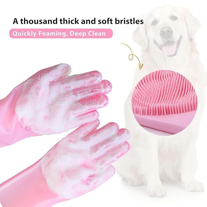 4-in-1 Pet Grooming Kit for Dogs & Cats | Dog Washing Gloves, Dog Bath Brush, Finger Toothbrush for Shedding, Teeth Cleaning & Bathing (4 Pack, Pink)