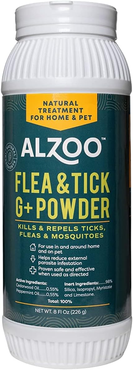 ALZOO Flea and Tick G + Powder, Helps Eliminate & Repels Ticks, Fleas & Mosquitos, for in and Around Home Use, 100% Plant-Based Active Ingredients, 8 Oz.