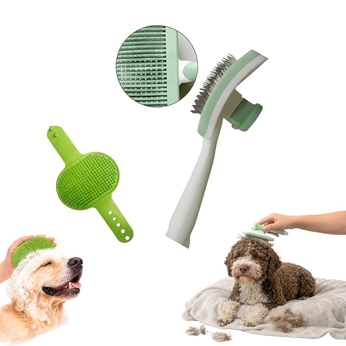 2 Pcs Self Cleaning Deshedding Dog Brush & Bath Brush - Skin Friendly Shedding Grooming Tool For Dogs, Cats And Puppies, Premium Pet Supplies, Green