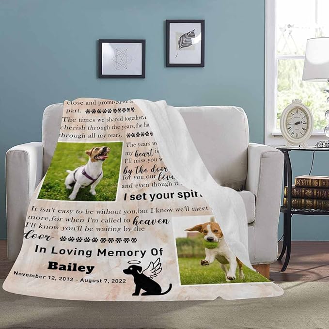 Artsadd Dog Name Custom Throw Blanket with Pictures,Dog Memorial Blanket Personalized Memory Gift for Family and Friends Customized Bed Throw Blanket Sympathy Remembrance Made in USA